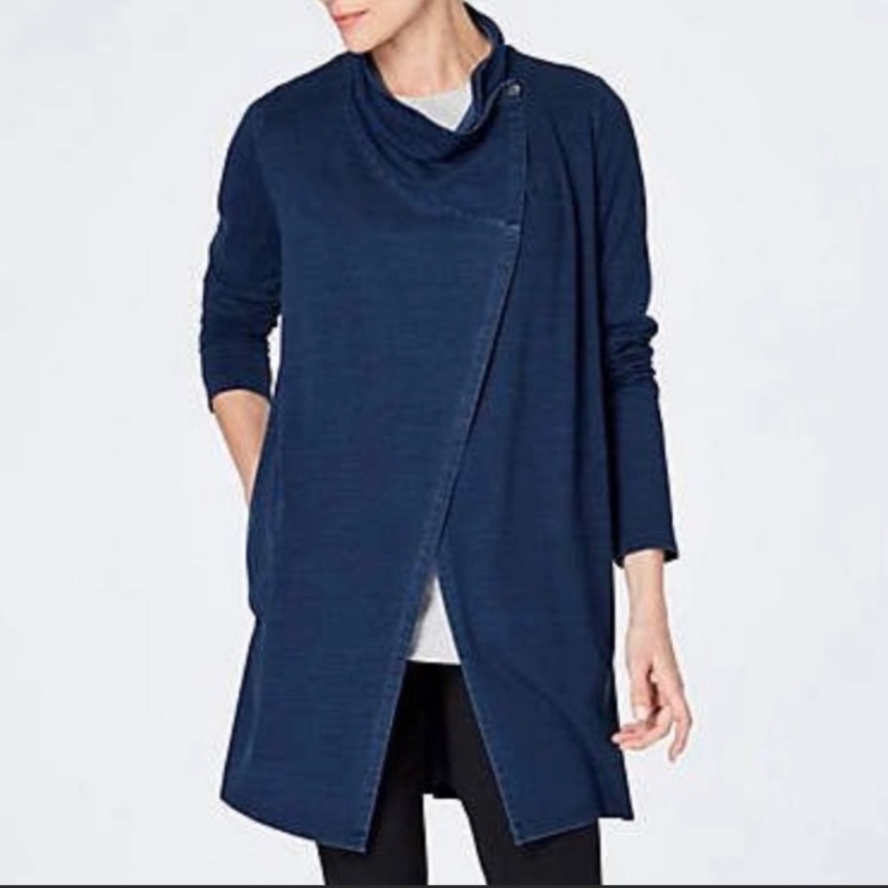 Pure Jill Indigo Asymmetrical Cardigan Long Line Cowl Neck Lightweight Jacket